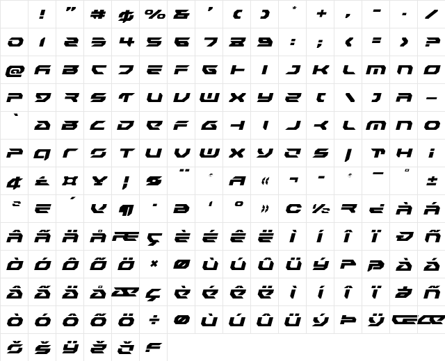 Royal Samurai Light Italic Light Italic Character Map