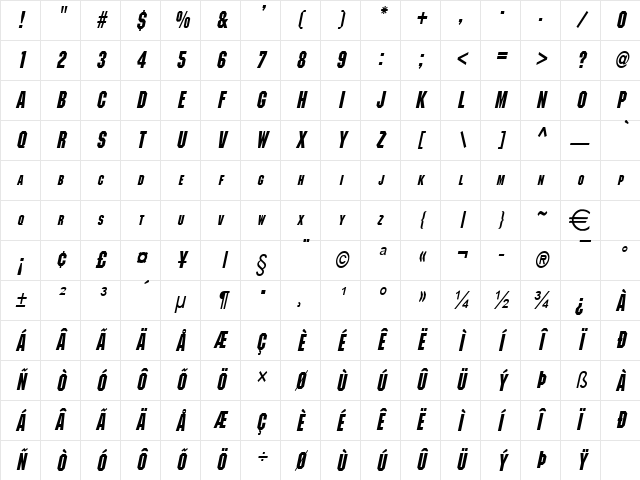 BlockCondensed BoldItalic Character Map BlockCondensed BoldItalic Character Map
