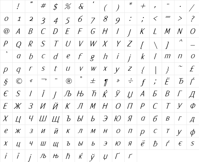 ArtemiusSans SN Light TT Regular Italic Character Map ArtemiusSans SN Light TT Regular Italic Character Map