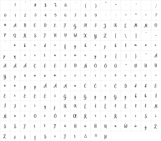 Hiyida Script Demo Regular Character Map
