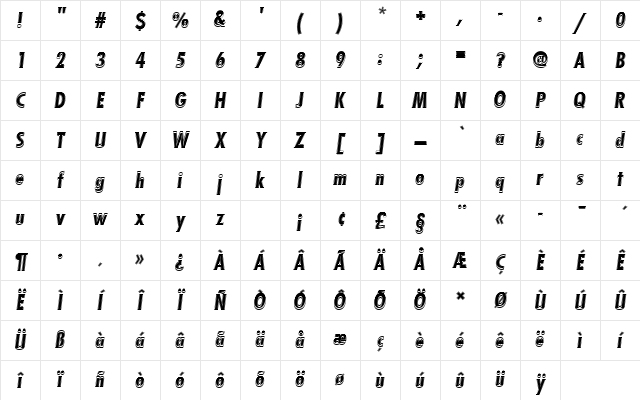 FuturaTBolConOblIn1 Regular Character Map FuturaTBolConOblIn1 Regular Character Map