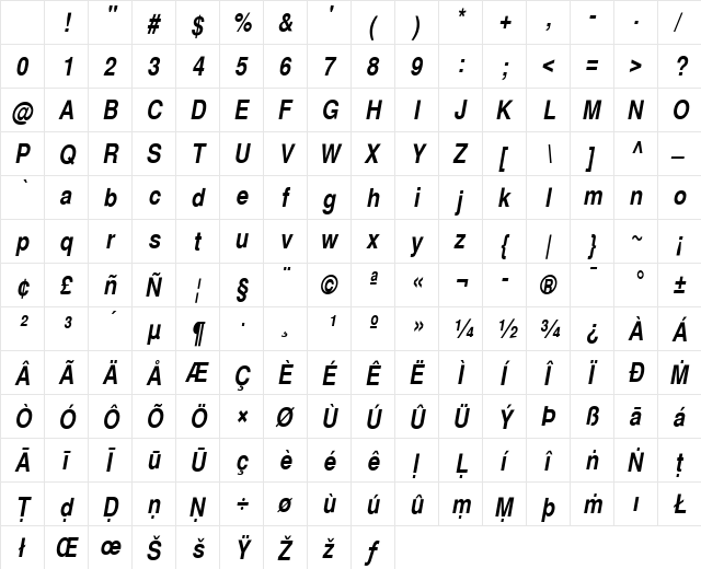 Pali Helvetica Cond Regular Character Map