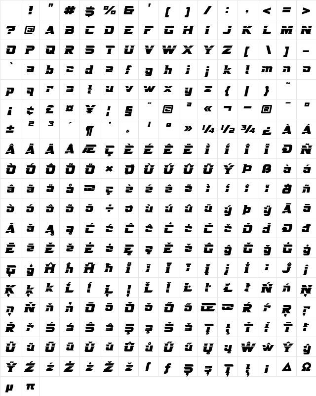 BOREX Variation Slant Regular Character Map