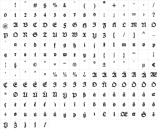 HumboldtFrakturUNZ1L Italic Character Map