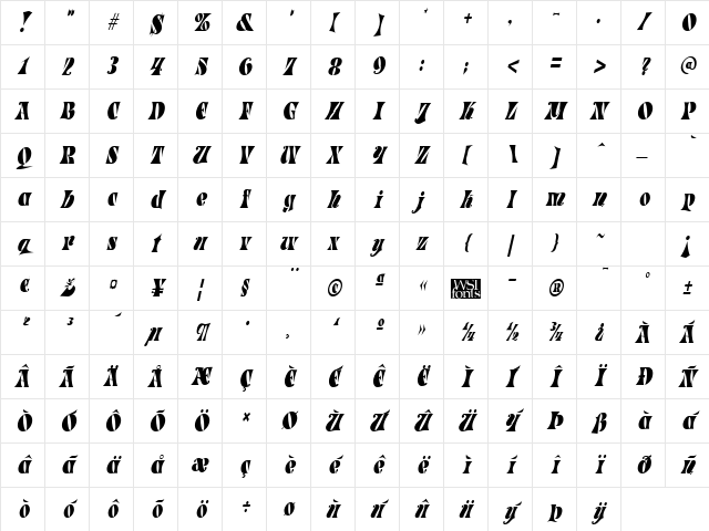 ParadeTight Italic Character Map ParadeTight Italic Character Map