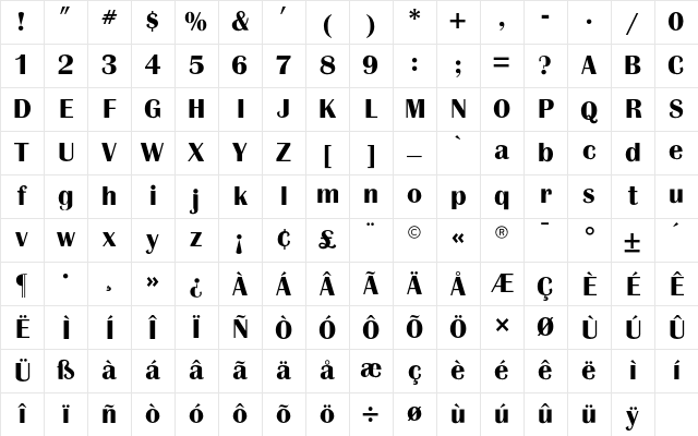Britannia CG Bold Regular Character Map