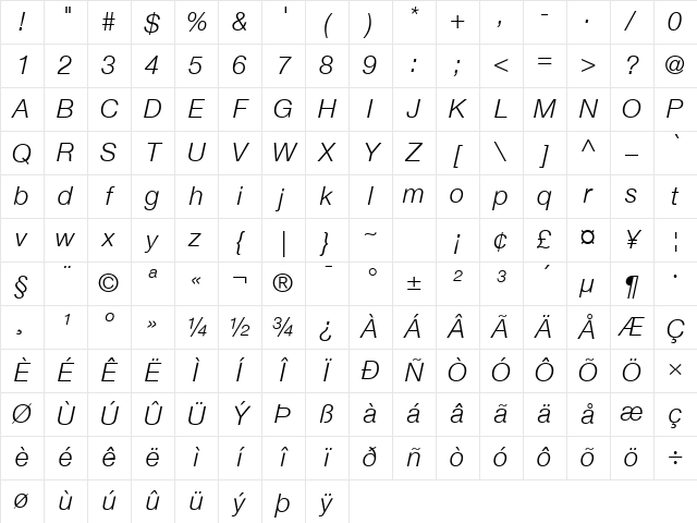 Helvetica Neue Light Italic Character Map