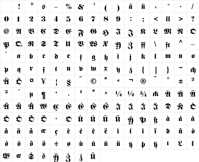 Fette Fraktur LT Dfr Character Map Fette Fraktur LT Dfr Character Map