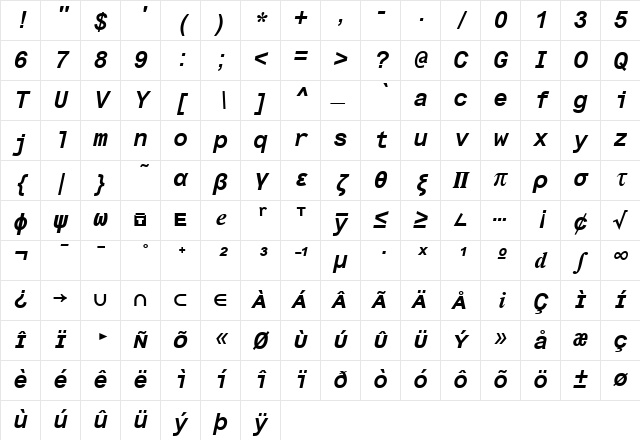 TI Math Bold Oblique Character Map