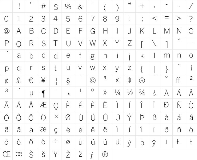 BentonSans Light Character Map BentonSans Light Character Map