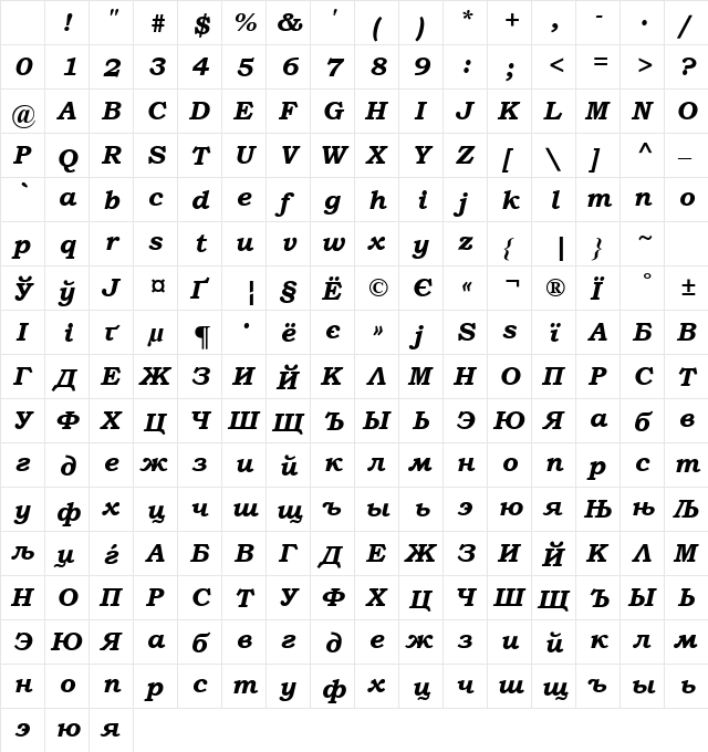 Bookman Old Style Cyr Bold Italic Character Map