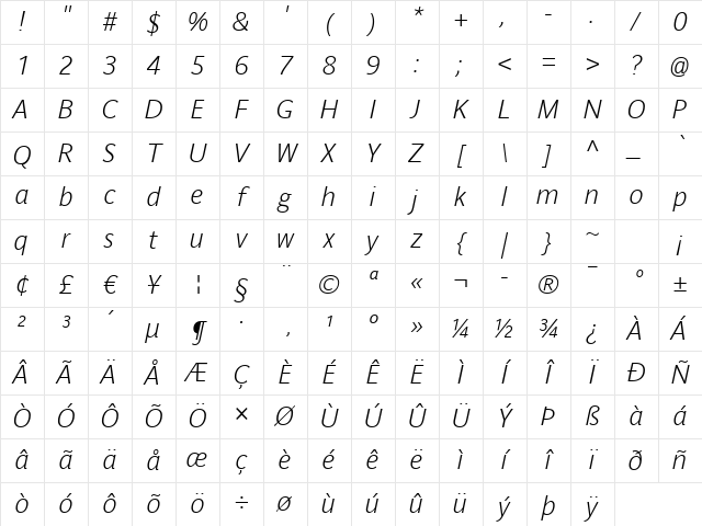 ParisineClair Bold Italic Character Map