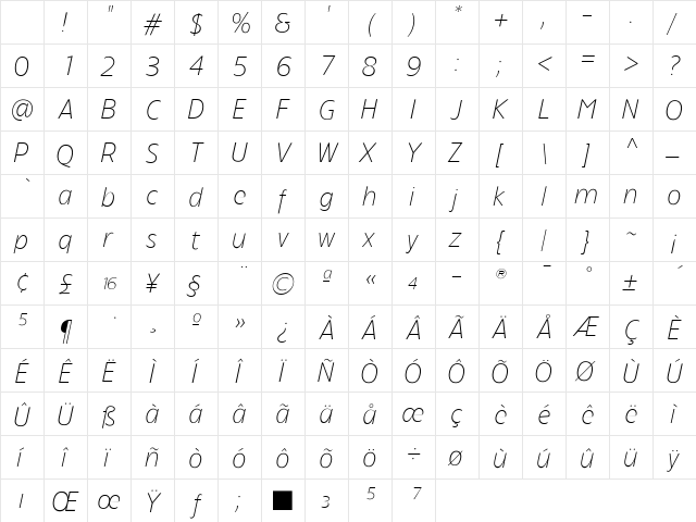 TFForever Light Italic Character Map TFForever Light Italic Character Map