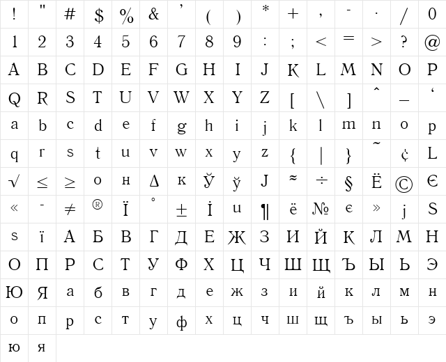 Literaturnaya Medium Character Map