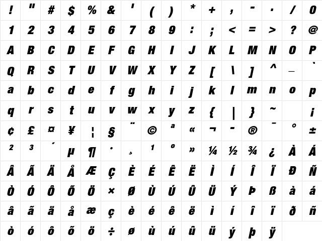 Helvetica Neue LT Std 107 Extra Black Condensed Italic Character Map