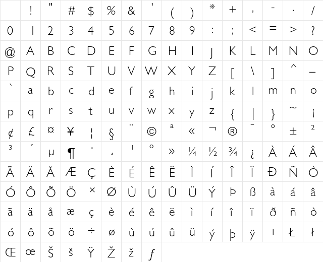 Gill Sans Light Character Map Gill Sans Light Character Map