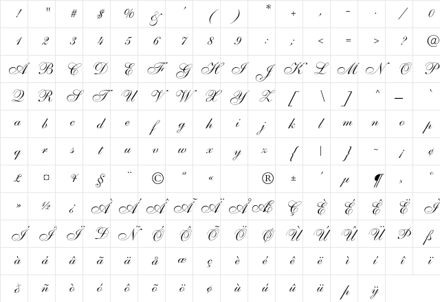 Parsons Italic Thin Italic Character Map