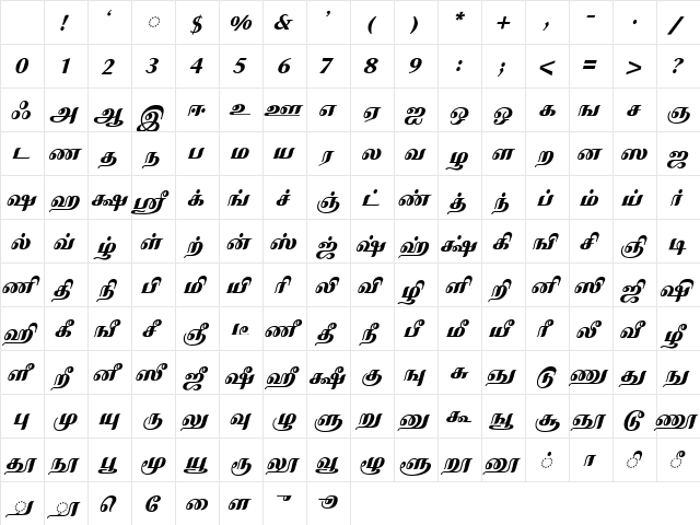 IdsTamil_TG_4_ Bold_Italic Character Map IdsTamil_TG_4_ Bold_Italic Character Map