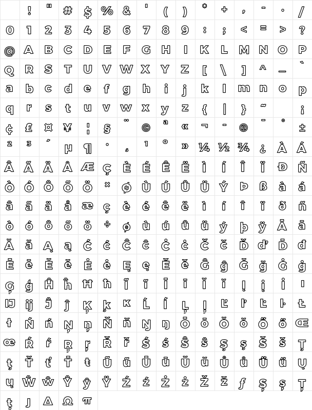 Trueno ExtraBold Outline Character Map