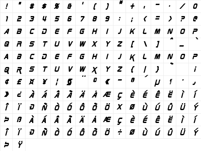 Zebulon Condensed Bold Italic Character Map Zebulon Condensed Bold Italic Character Map