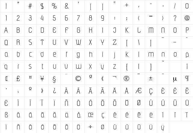 Pasadena-Serial-ExtraLight Regular Character Map