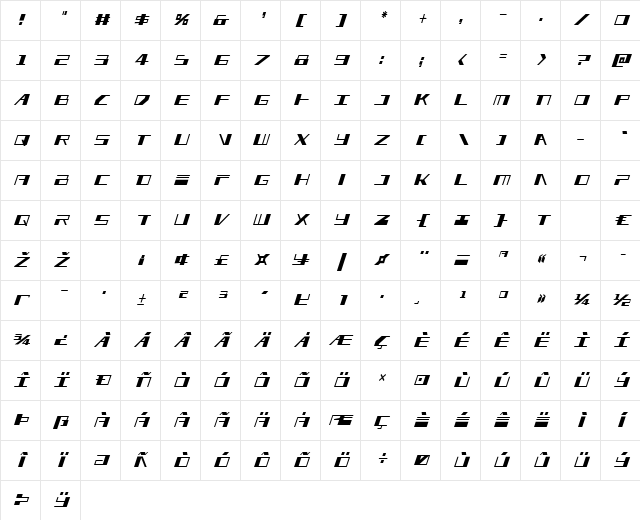 3AGLE Condensed Italic Regular Character Map