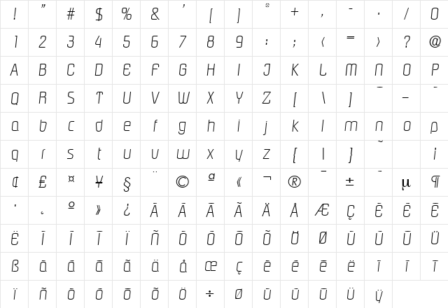 Pasadena-Serial-ExtraLight RegularItalic Character Map