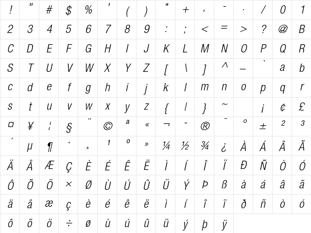 Helvetica Neue LT Pro 47 Light Condensed Oblique Character Map
