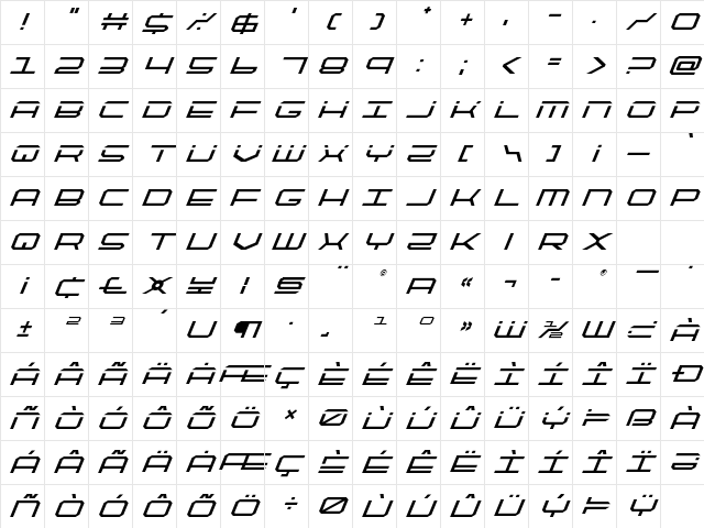 QuickTech Super-Italic Italic Character Map