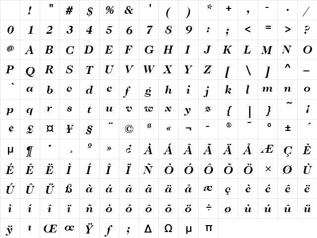 CaslonTwoTweFourITC Bold Italic Character Map CaslonTwoTweFourITC Bold Italic Character Map