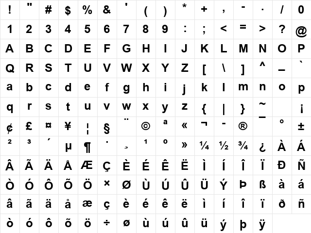 Arial Bold Character Map