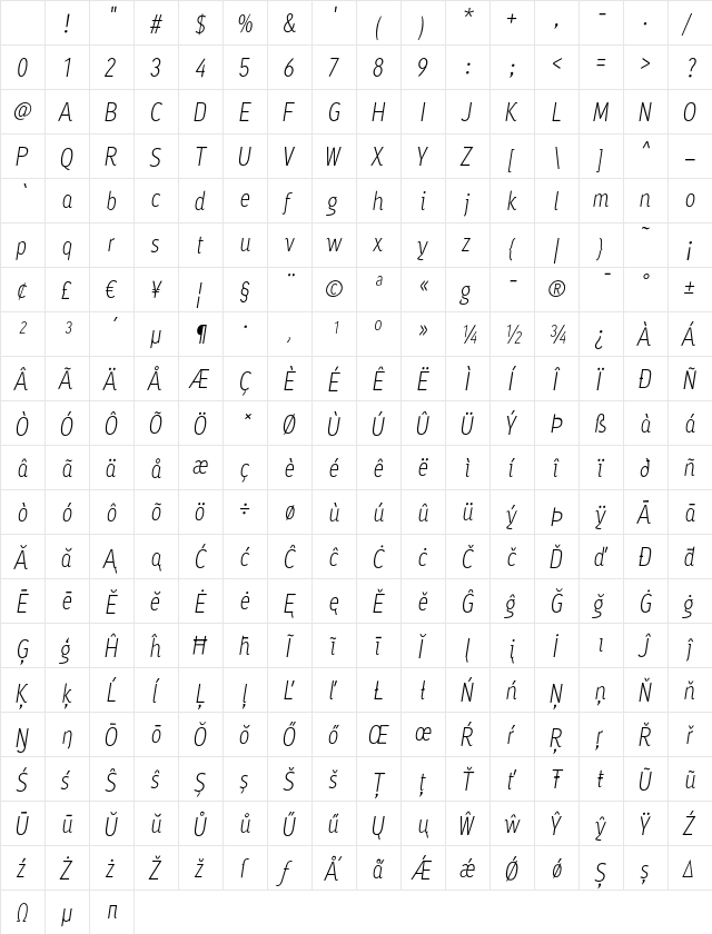Ayumi Pro Light Italic Character Map