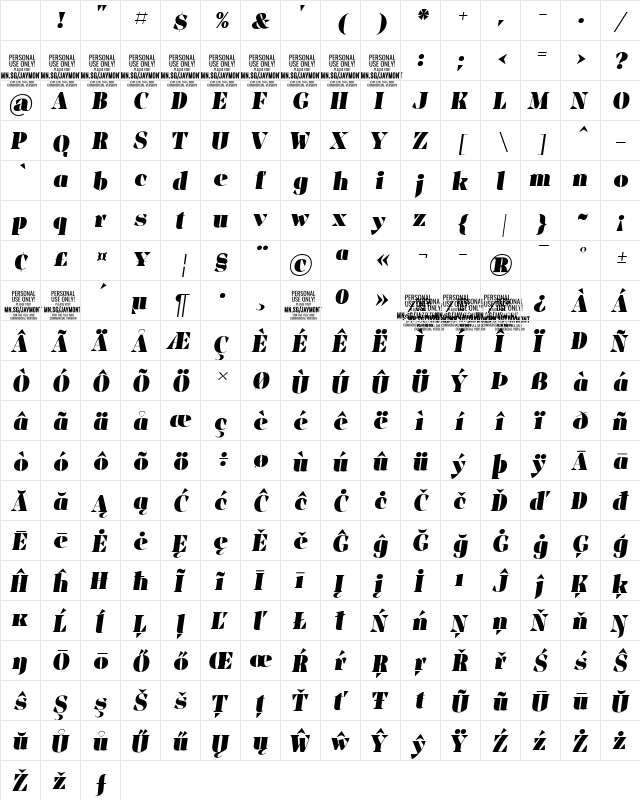 Jaymont PERSONAL Black Italic Character Map Jaymont PERSONAL Black Italic Character Map