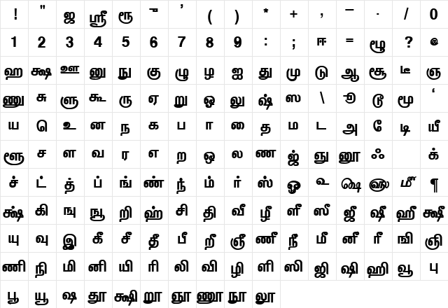 VANAVIL-Avvaiyar Bold Normal Character Map