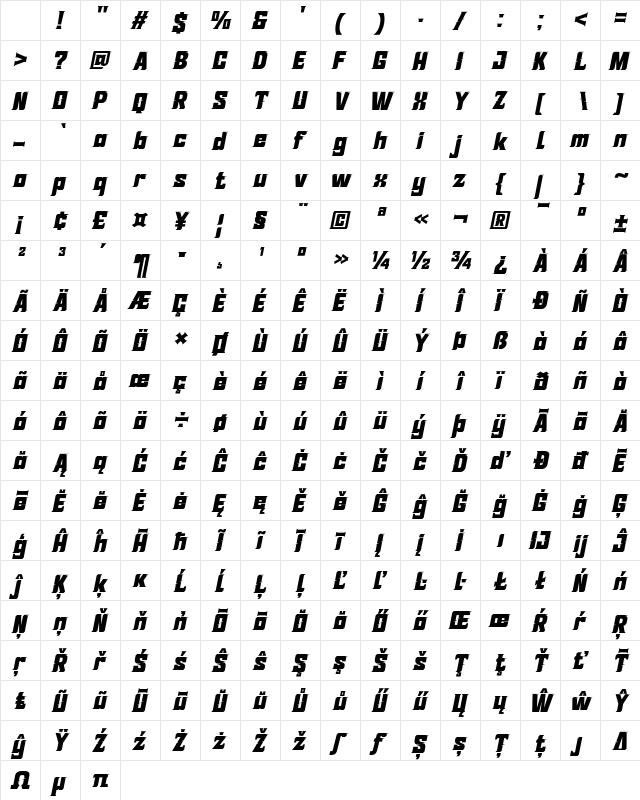 SUTIXO Style Slant Regular Character Map