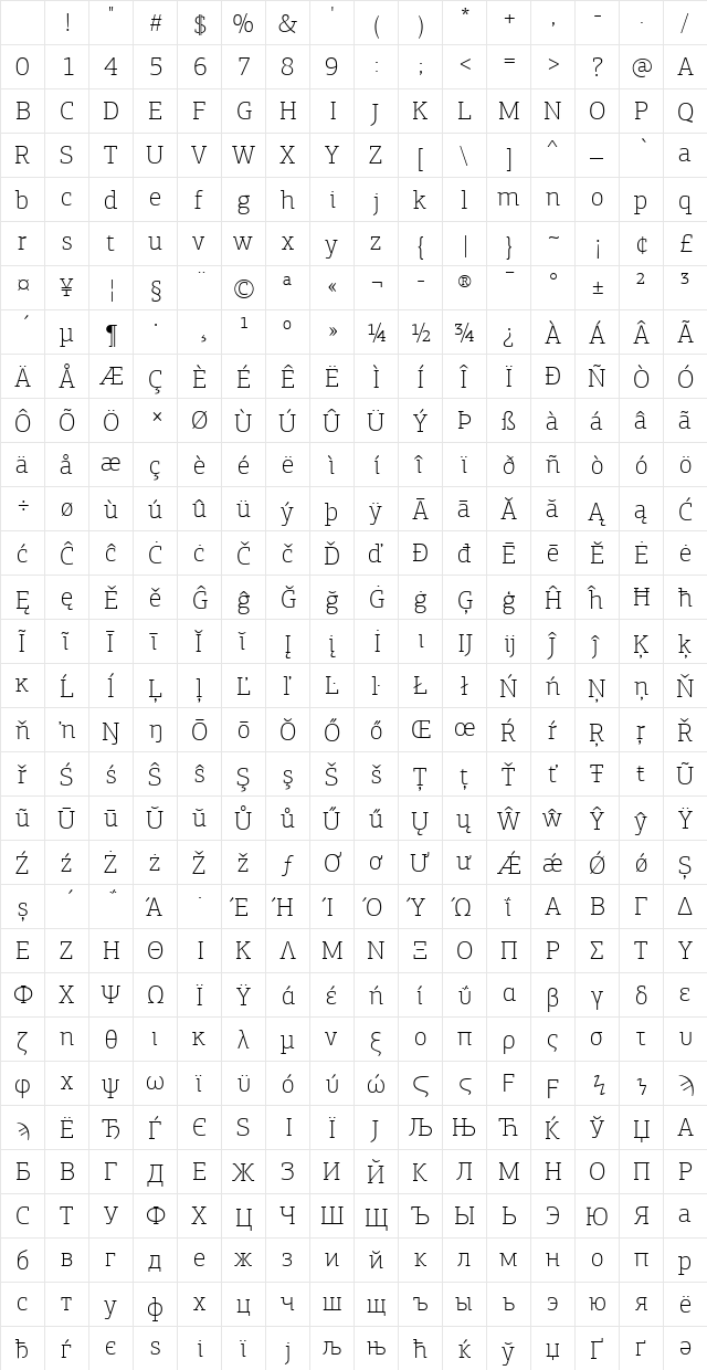 PF Agora Slab Pro Thin Character Map