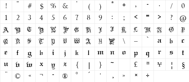 Pauls Swirly Gothic Font Regular Character Map