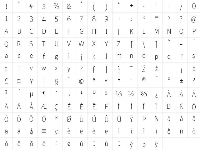 Unit-ThinTF Regular Character Map