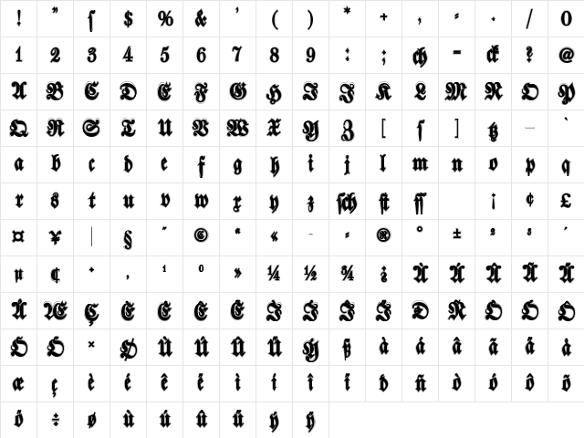Walbaum Fraktur Bold Character Map