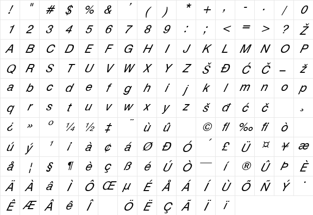 YU L Swiss Italic Character Map YU L Swiss Italic Character Map