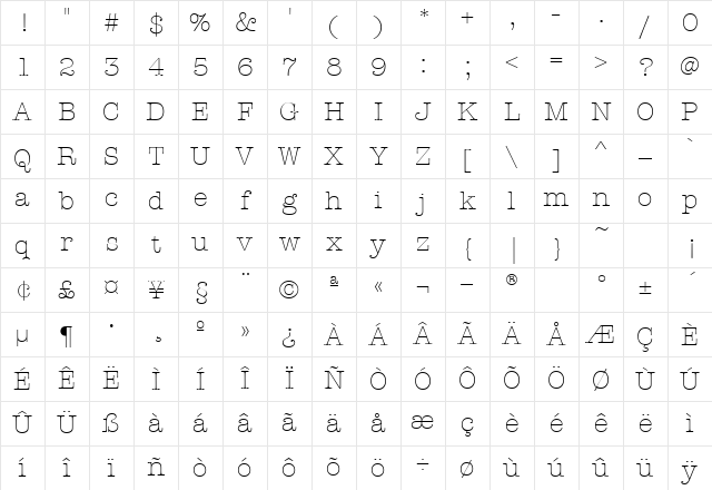 American Typewriter Light Character Map
