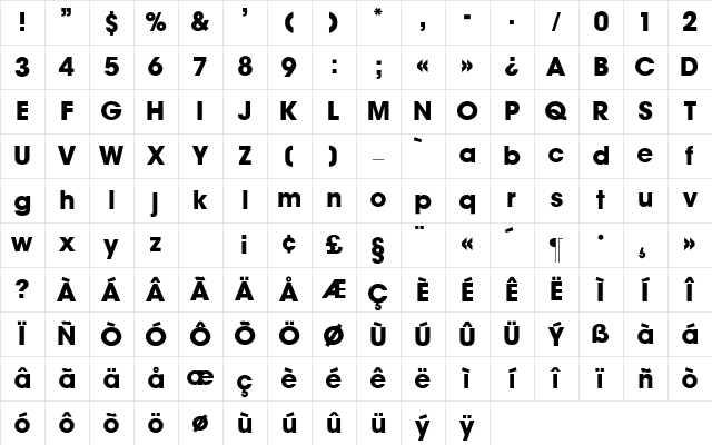 Avant_G-Bold Regular Character Map