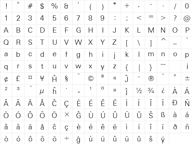 Zurich Eo Light Character Map