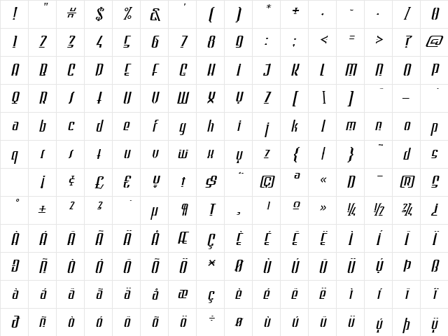 WILD1 Firstvision Tekkst Bold Italic Character Map WILD1 Firstvision Tekkst Bold Italic Character Map
