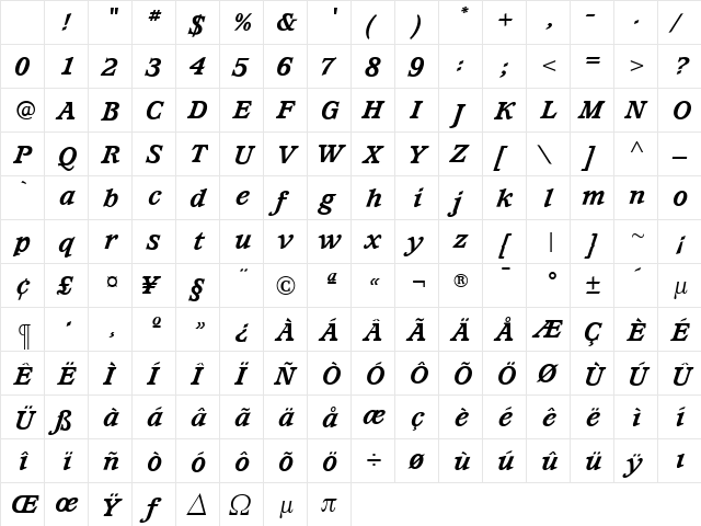WaverlyExtraBoldItalic Roman Character Map WaverlyExtraBoldItalic Roman Character Map