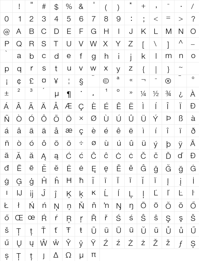 Helvetica Neue ET Pro 45 Light Character Map Helvetica Neue ET Pro 45 Light Character Map