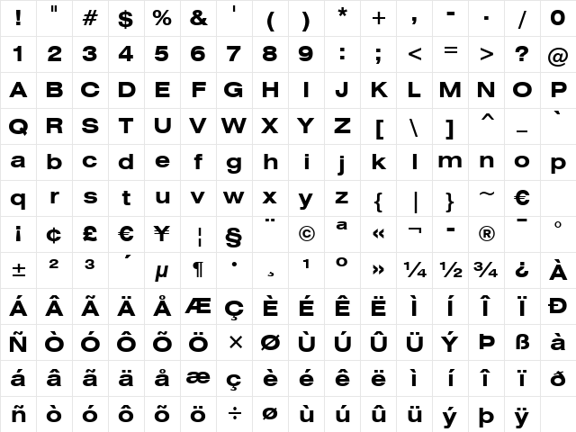 Swis721 Ex BT Bold Character Map