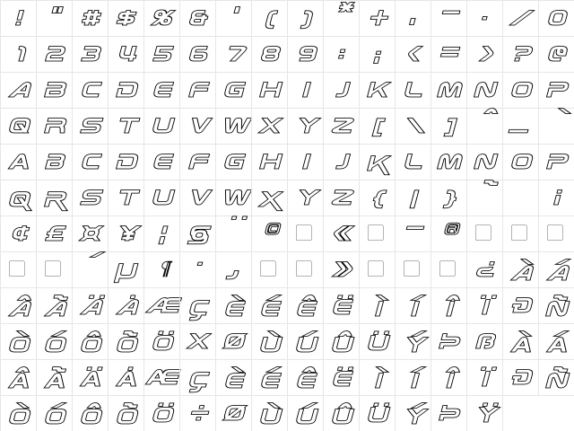 Zebulon Hollow Italic Character Map