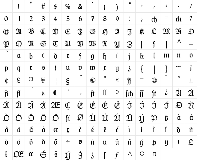 HumboldtFraktur Zier Regular Character Map HumboldtFraktur Zier Regular Character Map