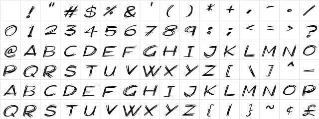 Widescratch Italic Character Map